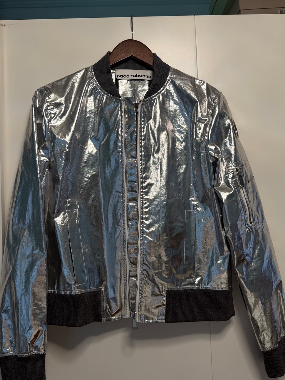 Paco Rabanne Metallic Silver Bomber Jacket with Black Trims